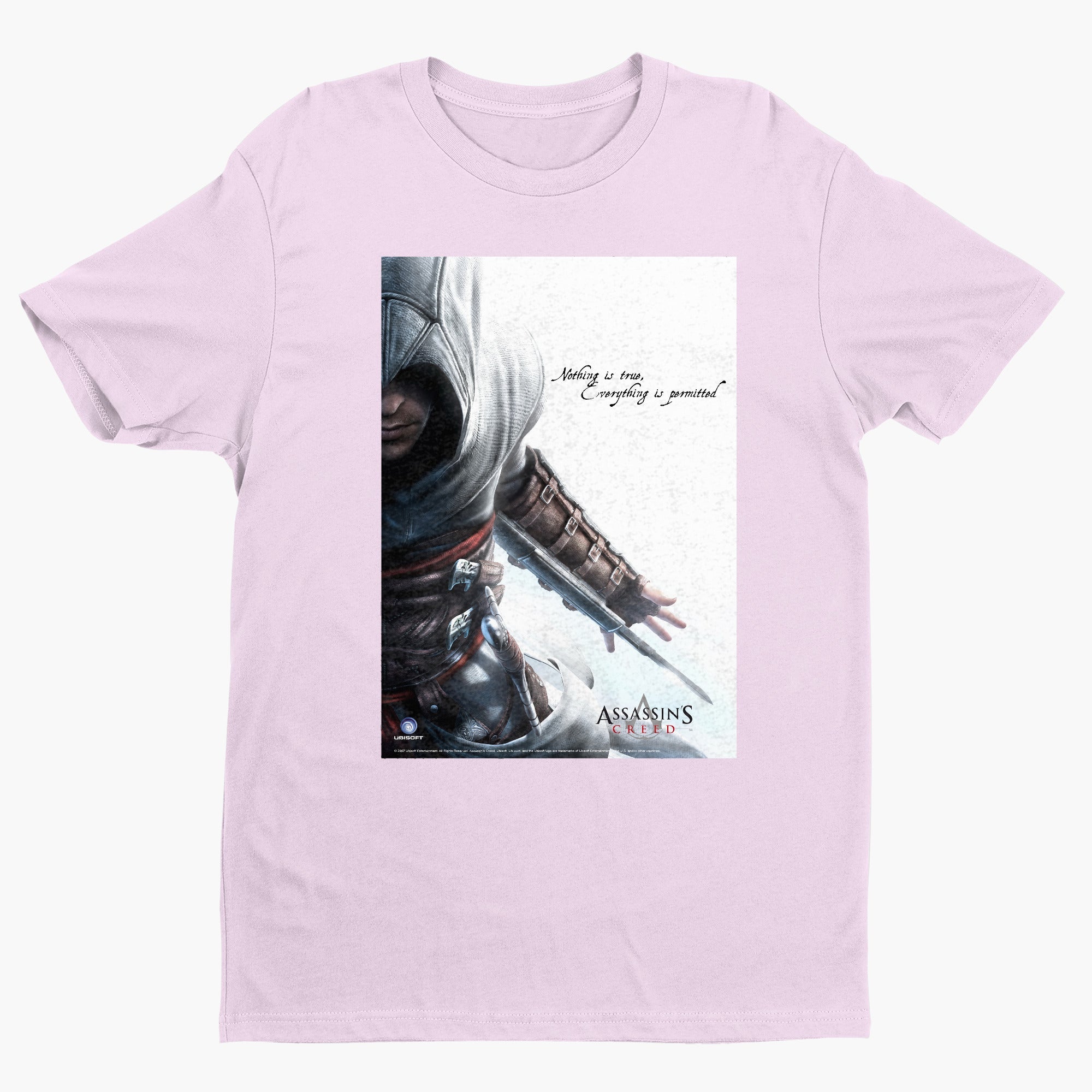 Assassin's Creed Nothing Is True promo art tee - light pink unisex t-shirt, front view
